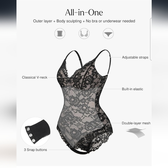 Popilush Black Lace V Neck Shapewear Tummy Control Bodysuit Size 3XL - Picture 3 of 11